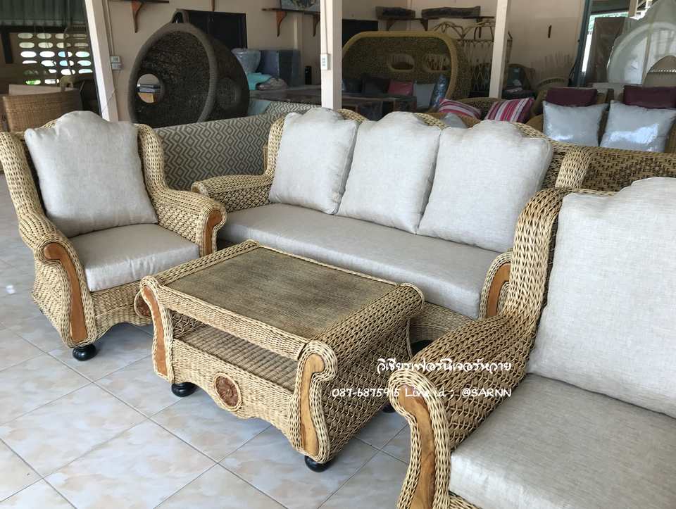 ชุดรับแขกหวายแท้พิงสูงลายมัดหมี่