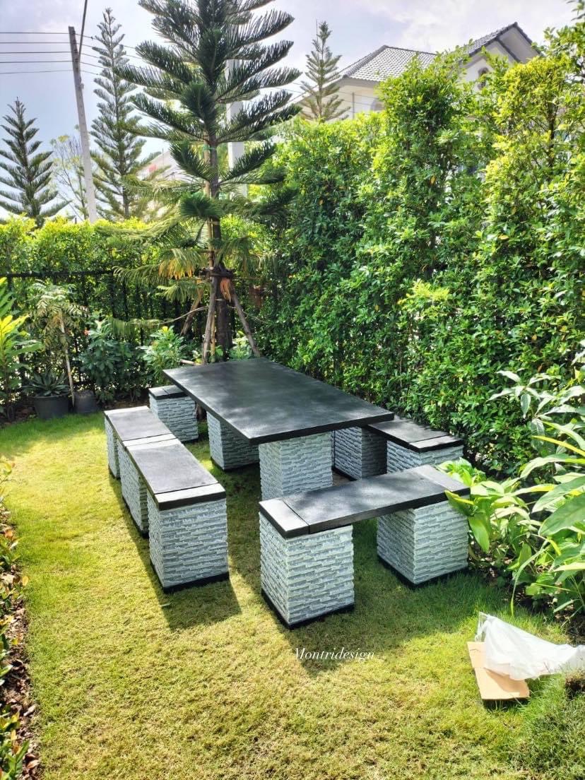 ชุดโต๊ะสนาม โต๊ะปูนสนาม โต๊ะโมเดิร์น โต๊ะปูนสนามโมเดิร์น ชุด 12 ที่นั่ง รุ่น LYO98 เก้าอี้พาดยาว ขนาดโต๊ะ 180*80