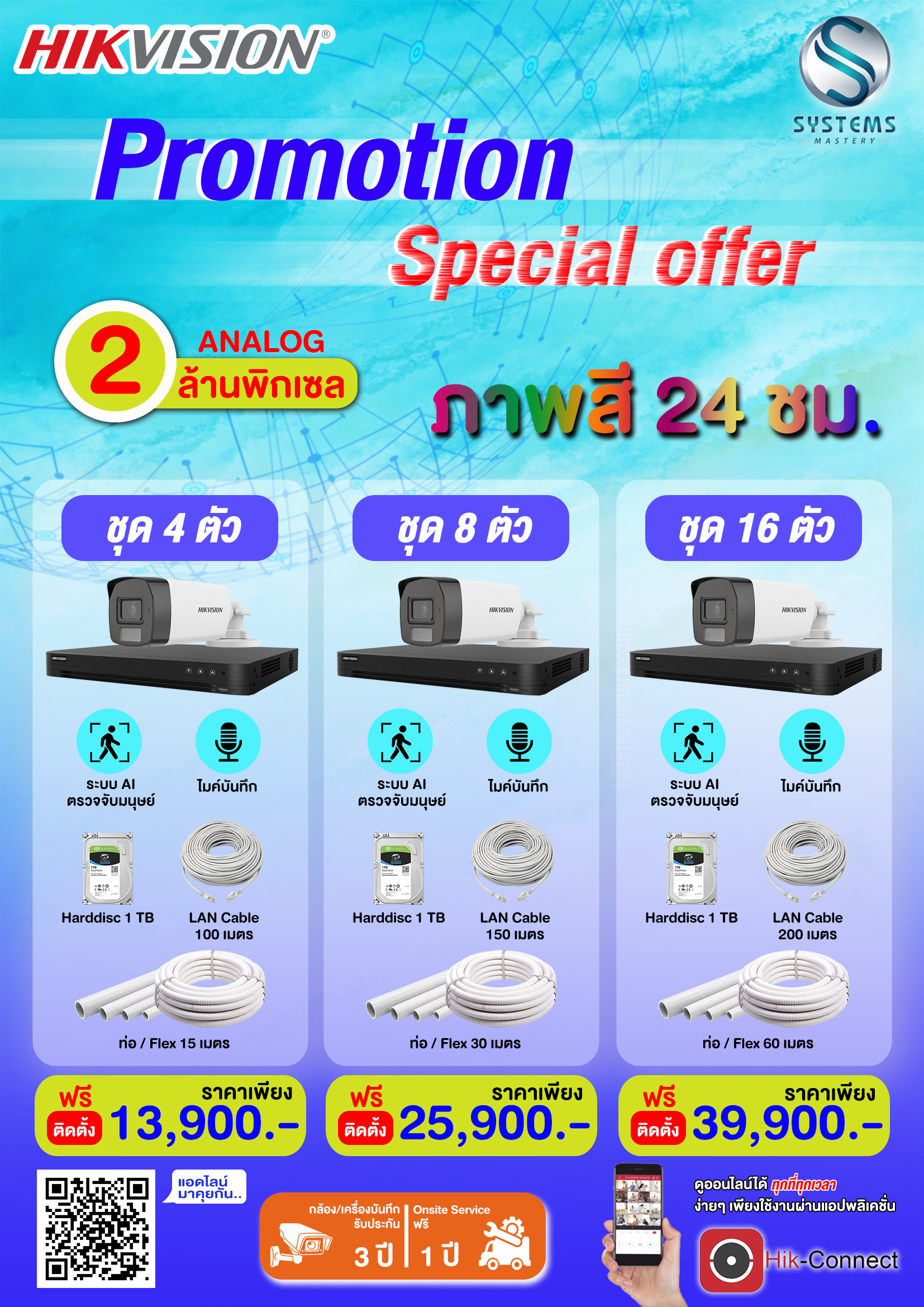 ชุดโปรโมชั่นสุดคุ้มรวมติดตั้ง กล้อง Turbo HD HIKVISION 2MP ภาพสี 24 ชั่วโมง ฟังเสียงได้