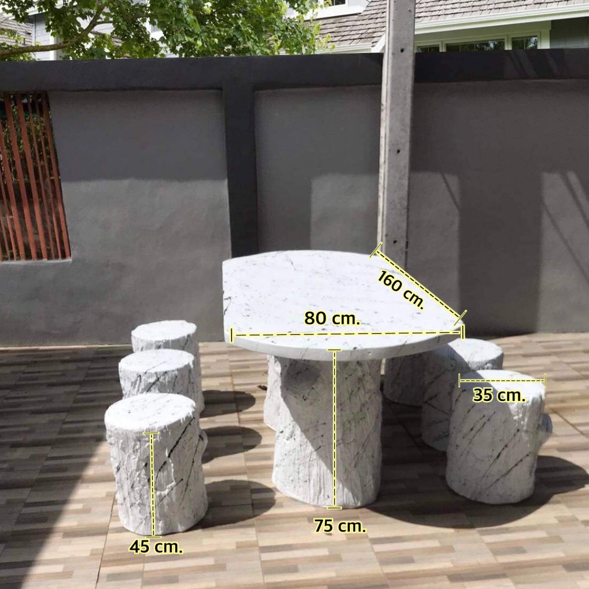 ชุดปูนลายไม้ ชุด 6 ที่นั่ง โต๊ะสนามปูนปั้น โต๊ะสนามปุนปั้นลายไม้ รุ่น SDS สีหินอ่อนขาวสลัดดำ