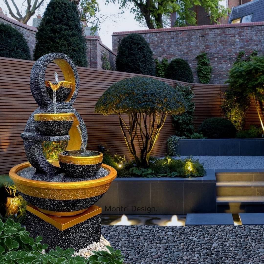 น้ำล้นโมเดิร์น เลข 8 มงคล น้ำพุแต่งสวน ฮวงจุ้ยน้ำพุ น้ำล้นเลข8 รุ่น 8 เทาเข้ม-ทอง