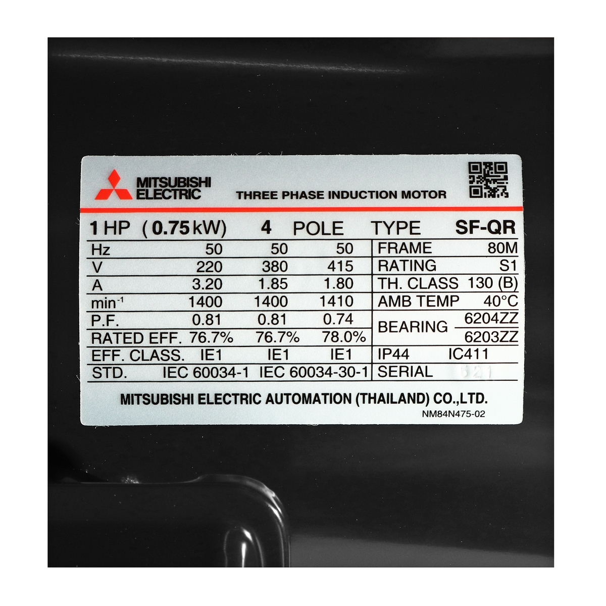 MITSUBISHI มอเตอร์ รุ่น SF-QR 0.75KW (1HP) 220/380 V ,4 POLE ความเร็วรอบ 1450 รอบ/นาที