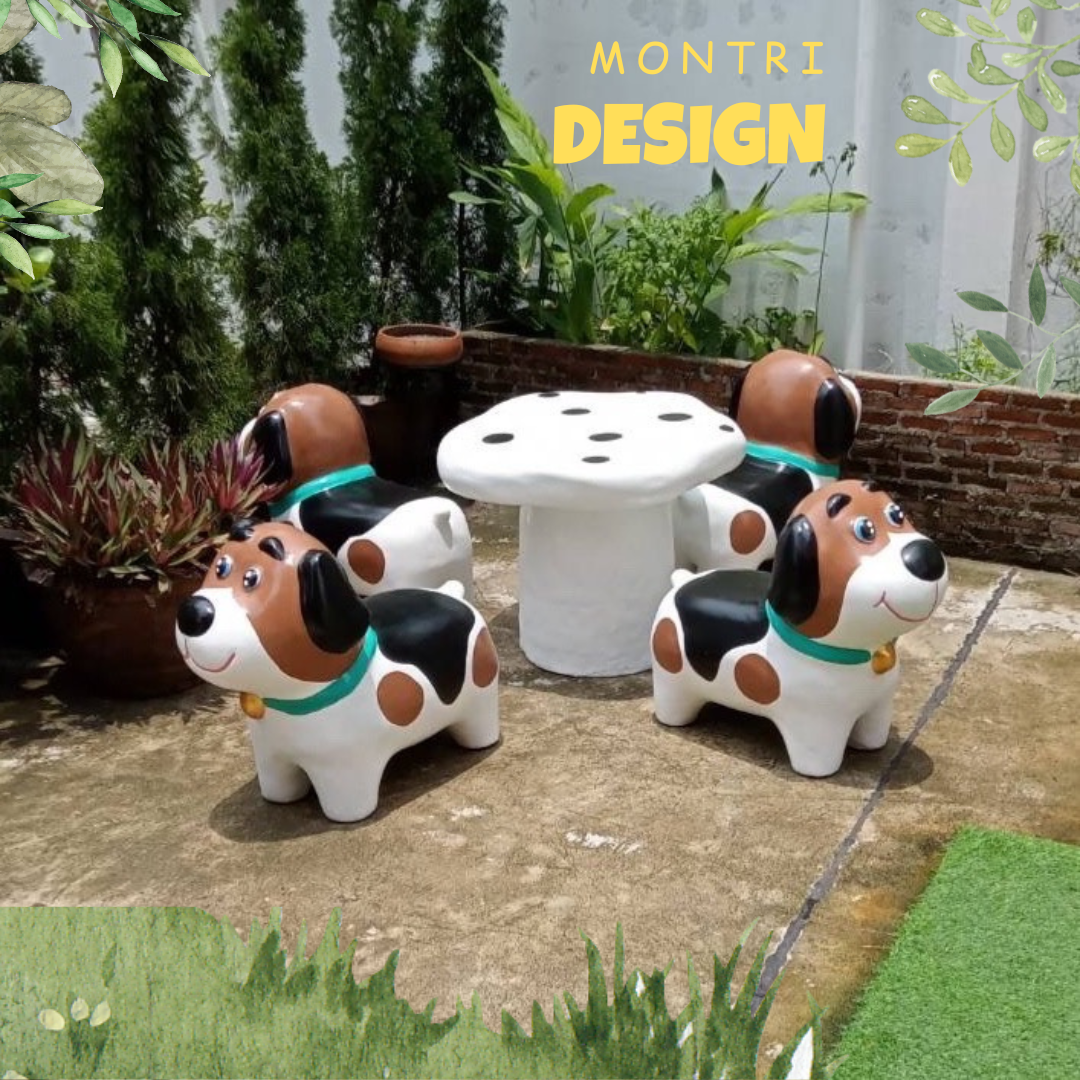 ชุดโต๊ะปูนรูปน้องหมา สุดน่ารัก โต๊ะเก้าอี้รูปสุนัข โต๊ะเก้าอี้ปูนปั้นรูปสุนัข ม้านั่งสนามในสวน ปลอกคอสีเขียวมิ้นท์