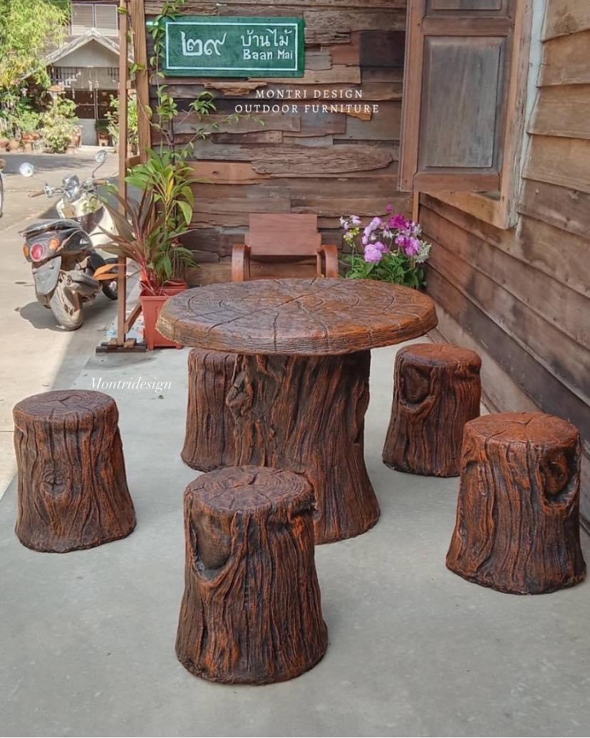 ชุดโต๊ะปูนลายไม้ ชุด 5 ที่นั่ง รุ่น Ocha 5 ที่นั่ง โต๊ะกลมปูนลายไม้