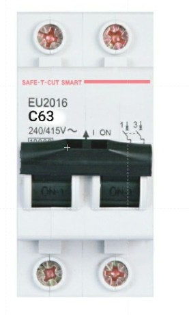 เบรกเกอร์ เมน (SAFE-T-CUT) 2 สาย 63 แอมป์ เซฟทีคัทแท้ EU2063 2P 32A 50A 63A ( 240/415V) ขาล็อคแบบยุโรป