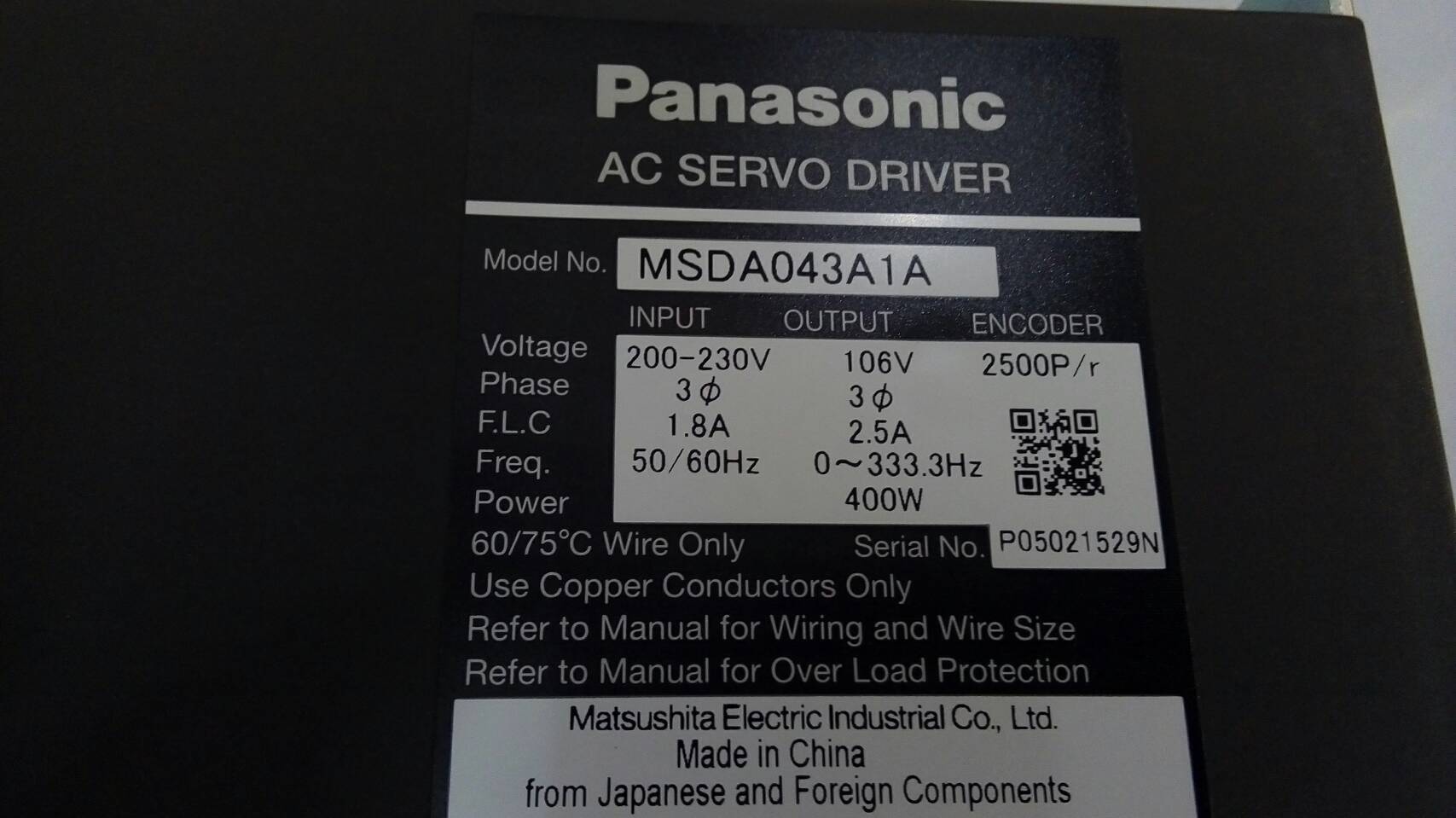 SERVO DRIVE " PANASONIC " MODEL : MSDA043A1A