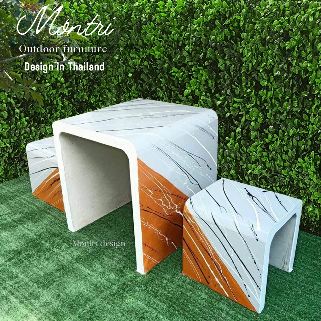 เก้าอี้ปูนซีเมนต์สไตล์ลอฟท์ รุ่น Loft mini ชุด 2 ที่นั่ง สีทรูโทนเทาส้มสลัด โต๊ะปุนสไตล์ลอฟท์