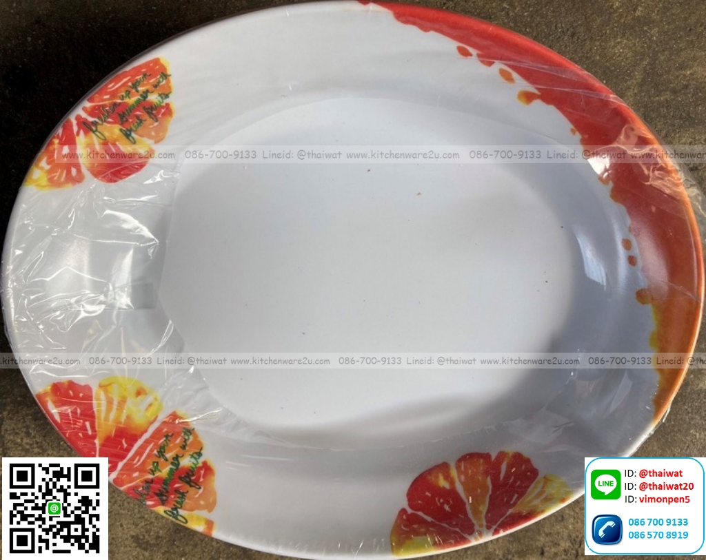 P05684 จานเปล 10 นิ้ว เมลามีน หนา รูปไข่ ทรงลึก พิมพ์ลาย (ราคาส่งต่อ 1 โหล : 12 ใบ )