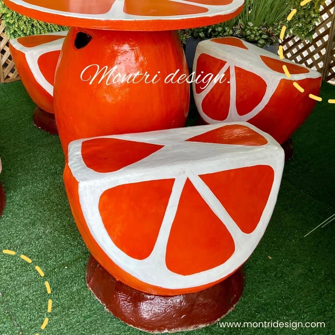 ชุดโต๊ะเก้าอี้รูปส้ม โต๊ะสนามปูนปั้น โต๊ะรูปส้ม สินค้าทำจากปุนปั้นสด