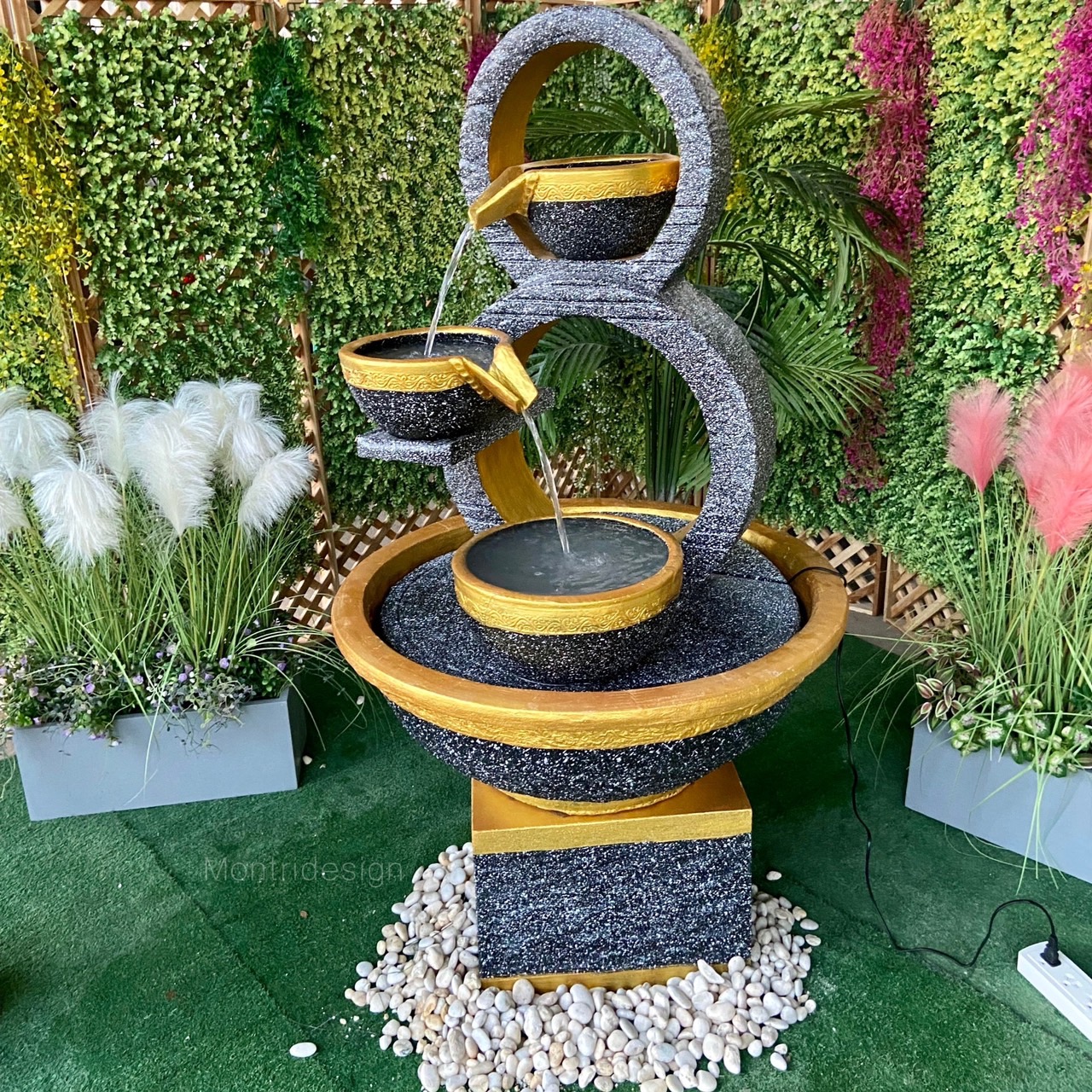 น้ำล้นโมเดิร์น เลข 8 มงคล น้ำพุแต่งสวน ฮวงจุ้ยน้ำพุ น้ำล้นเลข8 รุ่น 8 เทาเข้ม-ทอง