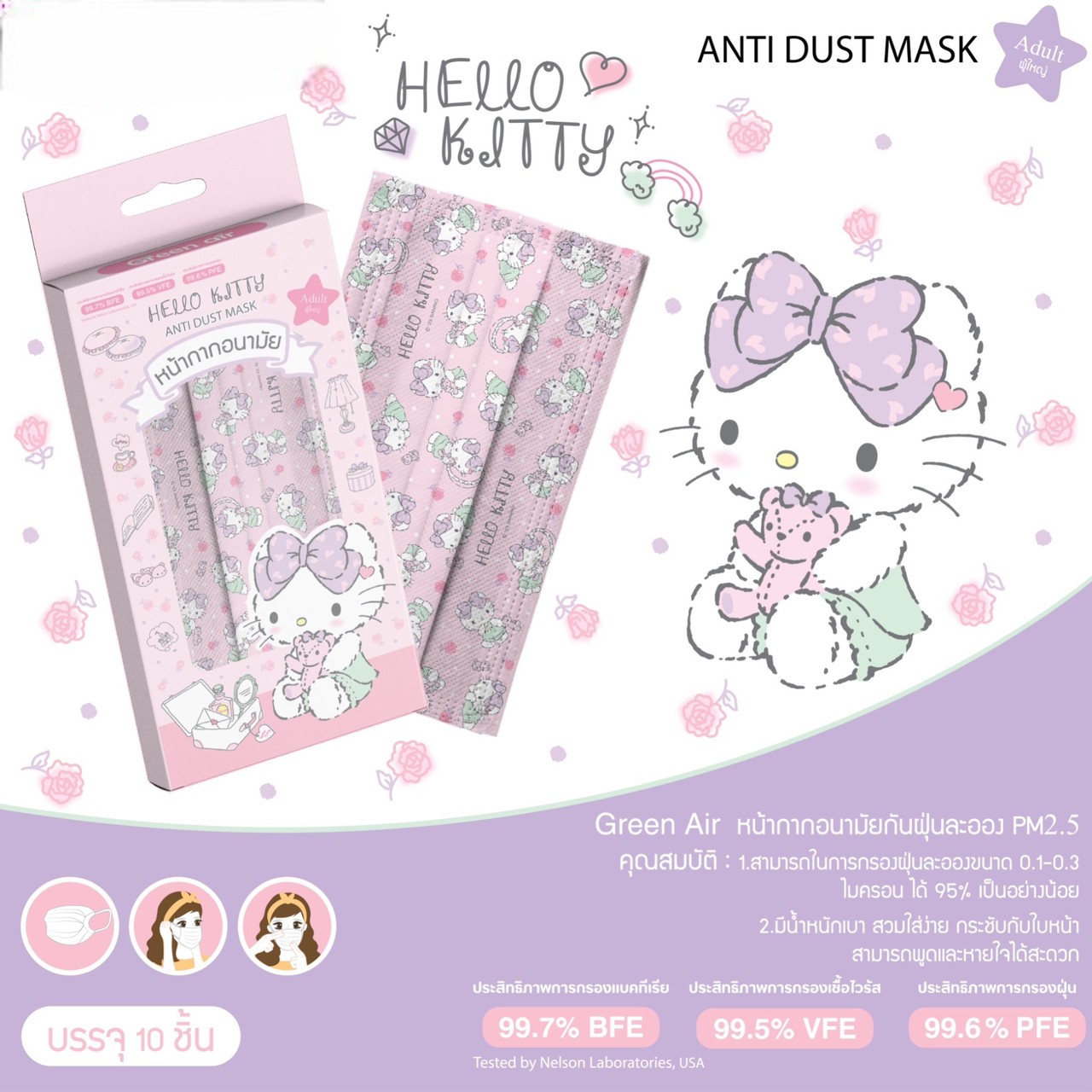 หน้ากากอนามัย Kitty ลายหมีสีม่วง GA-049 โหลละ 380 บาท/12 ชิ้น (ชิ้นละ 31.6 บาท)