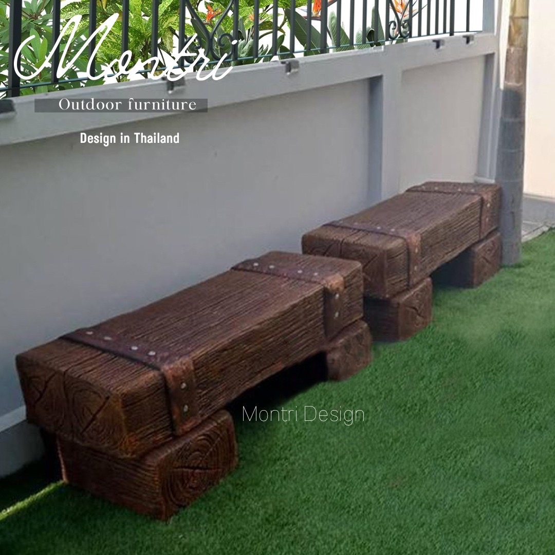 เก้าอี้ไม้หมอน เก้าอี้ปูนลายไม้ ขนาด 30*120*40 cm. สีน้ำตาลคาดทองแดง