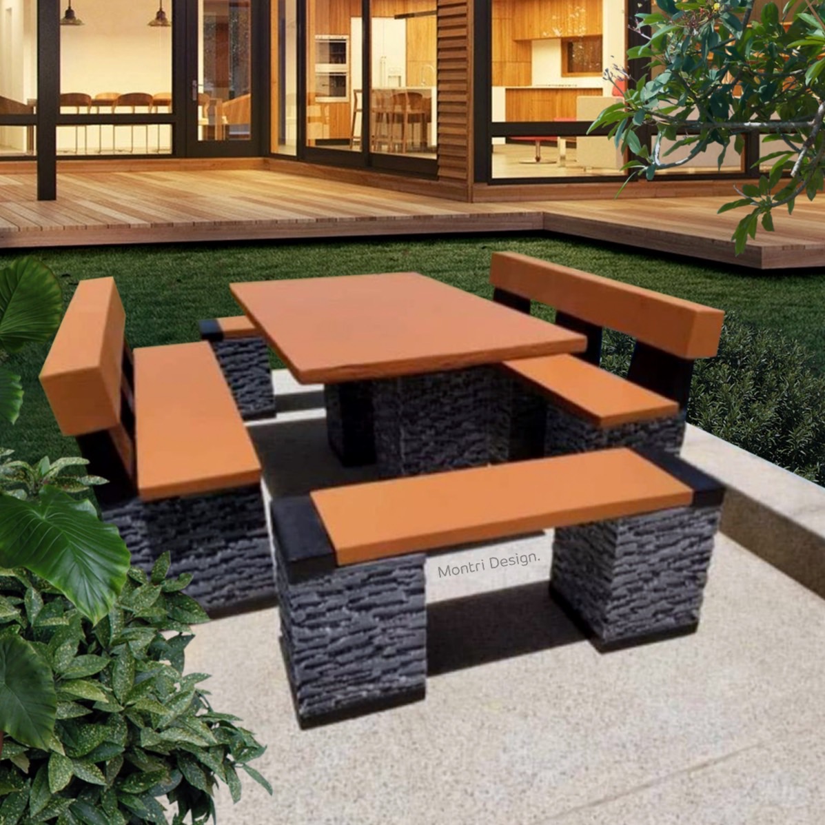 ชุดโต๊ะพนักพิง ชุดโต๊ะสนามพนักพิงสไตล์โมเดิร์น โต๊ะปูนสไตล์โมเดิร์น โต๊ะปูนโมเดิร์น สินค้าทำจากปูนเสริมโครงเหล็ก แข็งแรงทนทาน