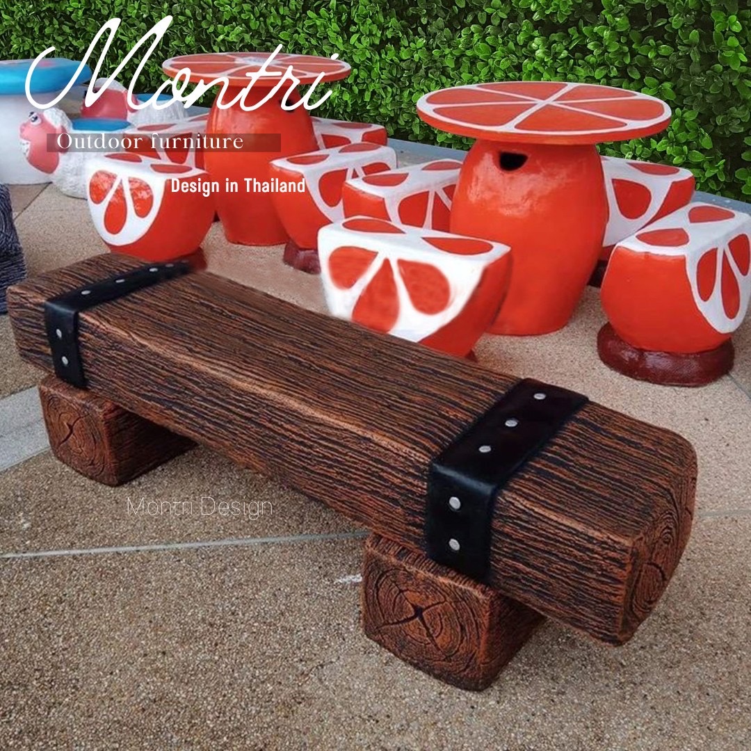 เก้าอี้ไม้หมอน สีน้ำตาลคาดดำ 30x150x40 cm. ม้านั่งสนามปูน เก้าอี้ปูนปั้น