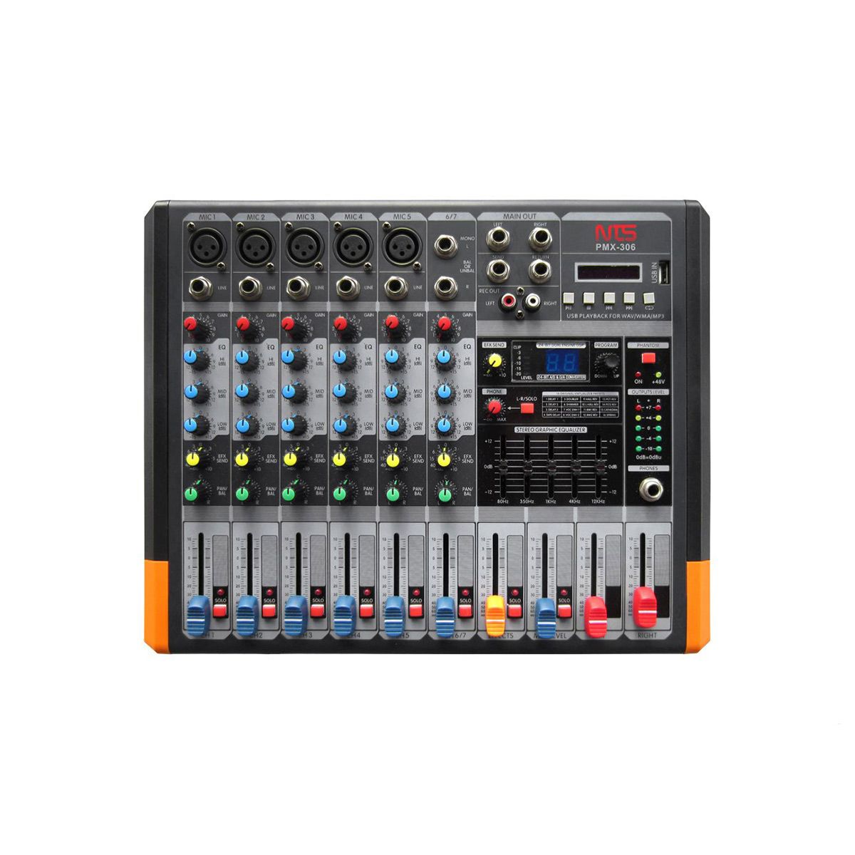 NTS PMX-306 power mixer 5 โมโน 1 สเตอริโอ + FXUSBBT พร้อมแอมป์ขยาย 100 วัตต์ 7 channel