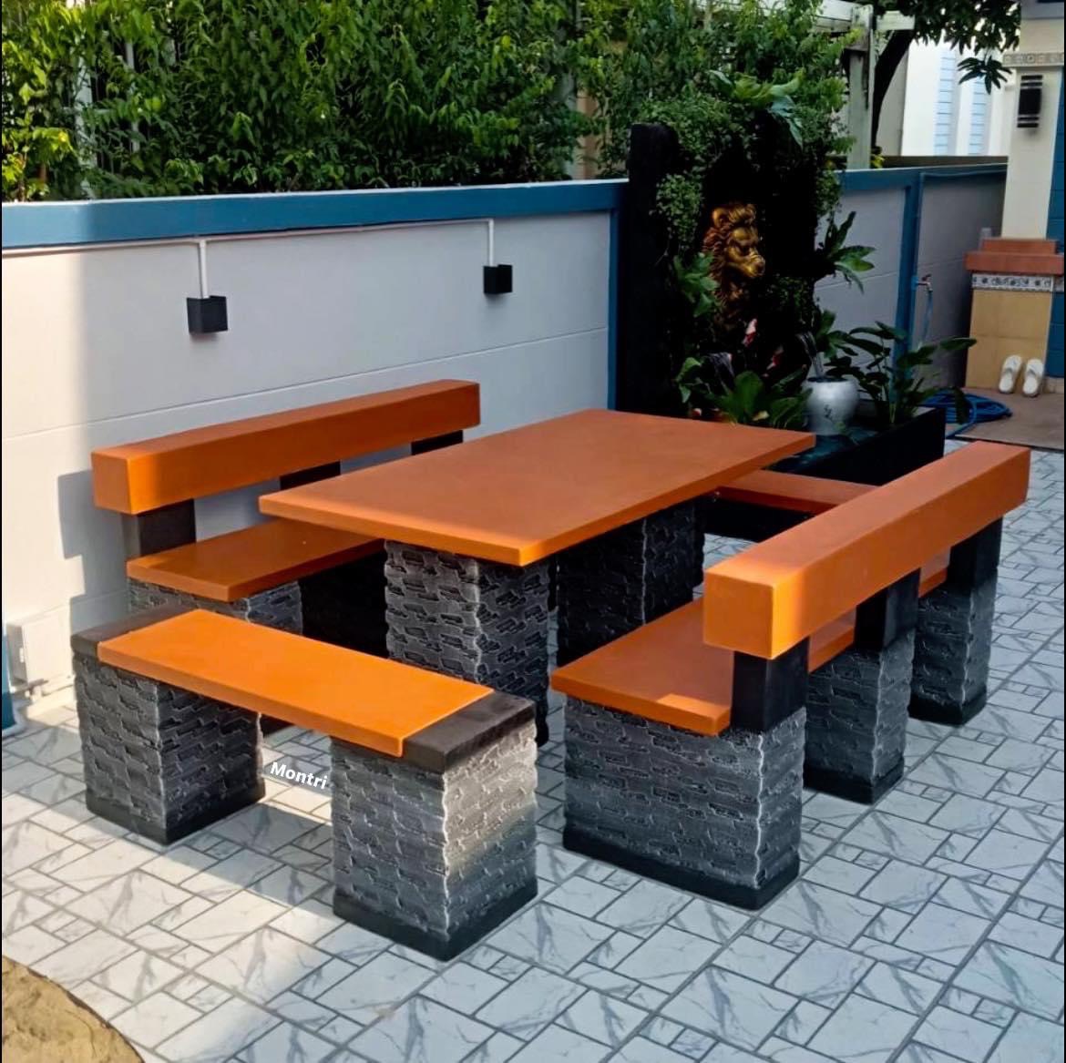 ชุดโต๊ะสนามกลางแจ้ง ดีไซน์ร่วมสมัย ขนาด 150 cm. นั่งได้ 8 ท่าน ทนแดด ทนฝน วัสดุปูนซีเมนต์เสริมเหล็ก