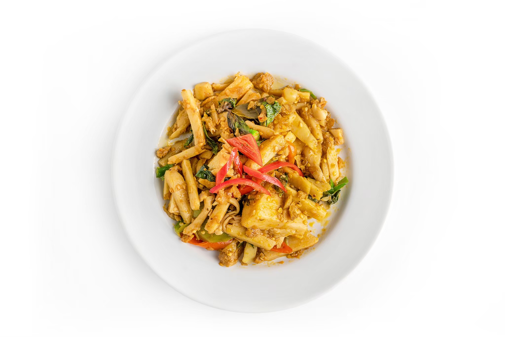 ผัดเผ็ดยอดมะพร้าวอ่อน (Stir fried curry paste with coconut shoot)