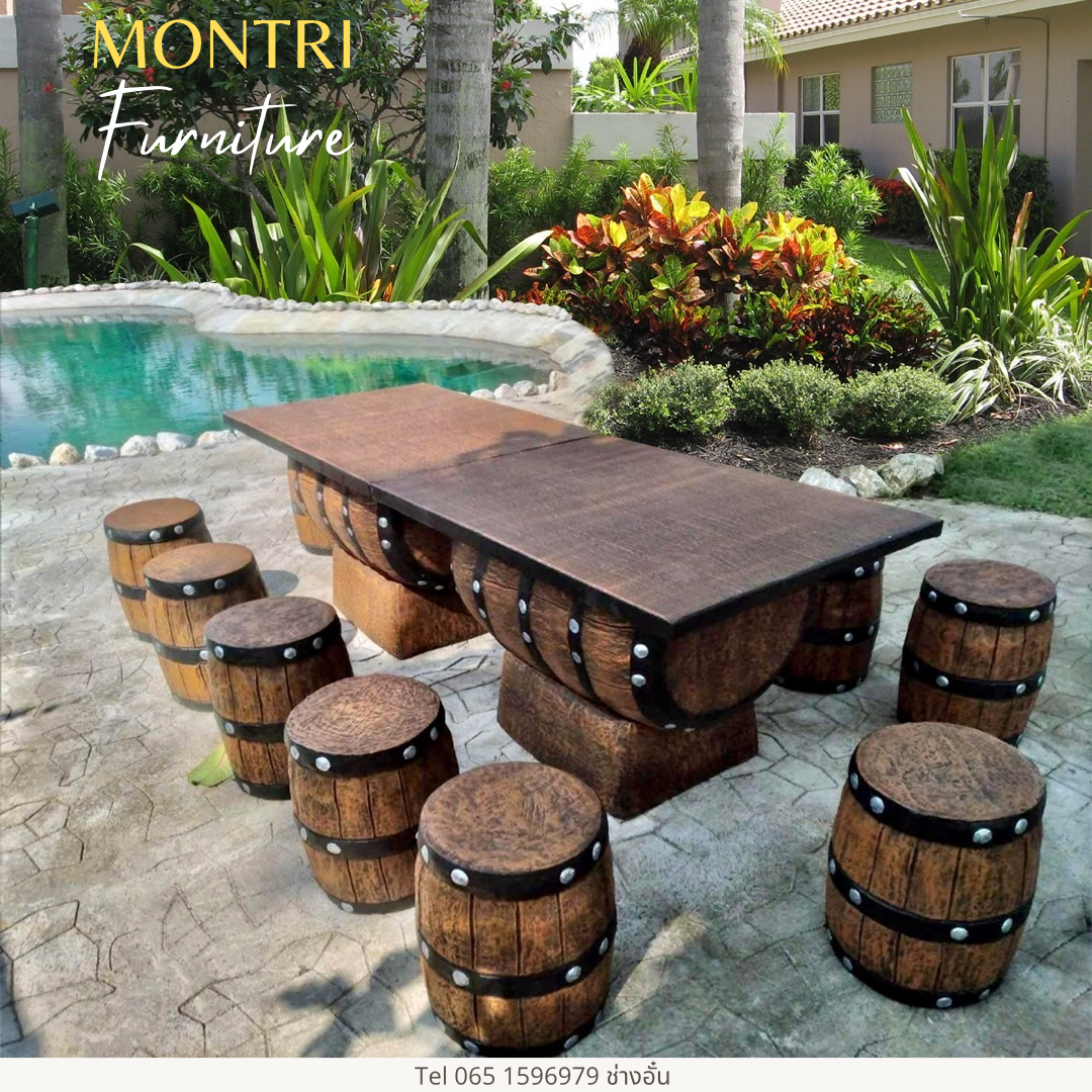 ชุดโต๊ะสนามปูนลายไม้ ชุดโต๊ะถัง โต๊ะสนามปูนปั้น 12 ที่นั่ง สีโอ๊ค
