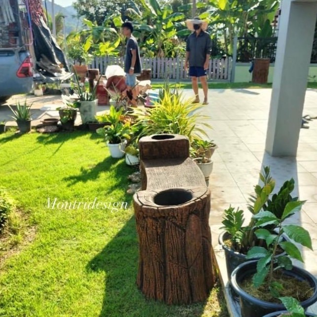 ม้านั่งสนามปูนปั้น เก้าอี้สนามปูนลายไม้ 2 in 1 ทรงโค้ง ม้านั่งปูนลายไม้ เก้าอี้แต่งสวน ม้านั่งแต่งสวน