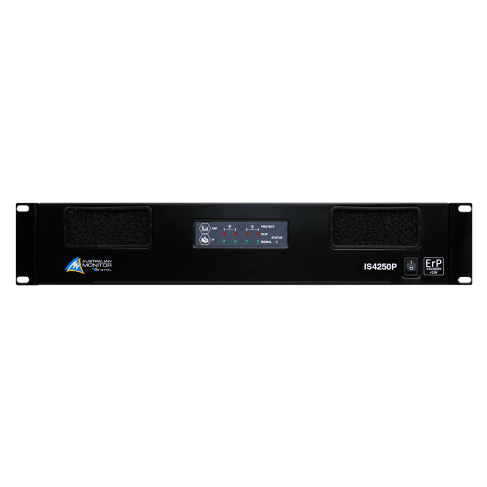 AUSTRALIAN MONITOR IS4250P Power Amplifier 4x250W, 100V, 70V and 4 Ohm with Full DSP, Ethernet Control