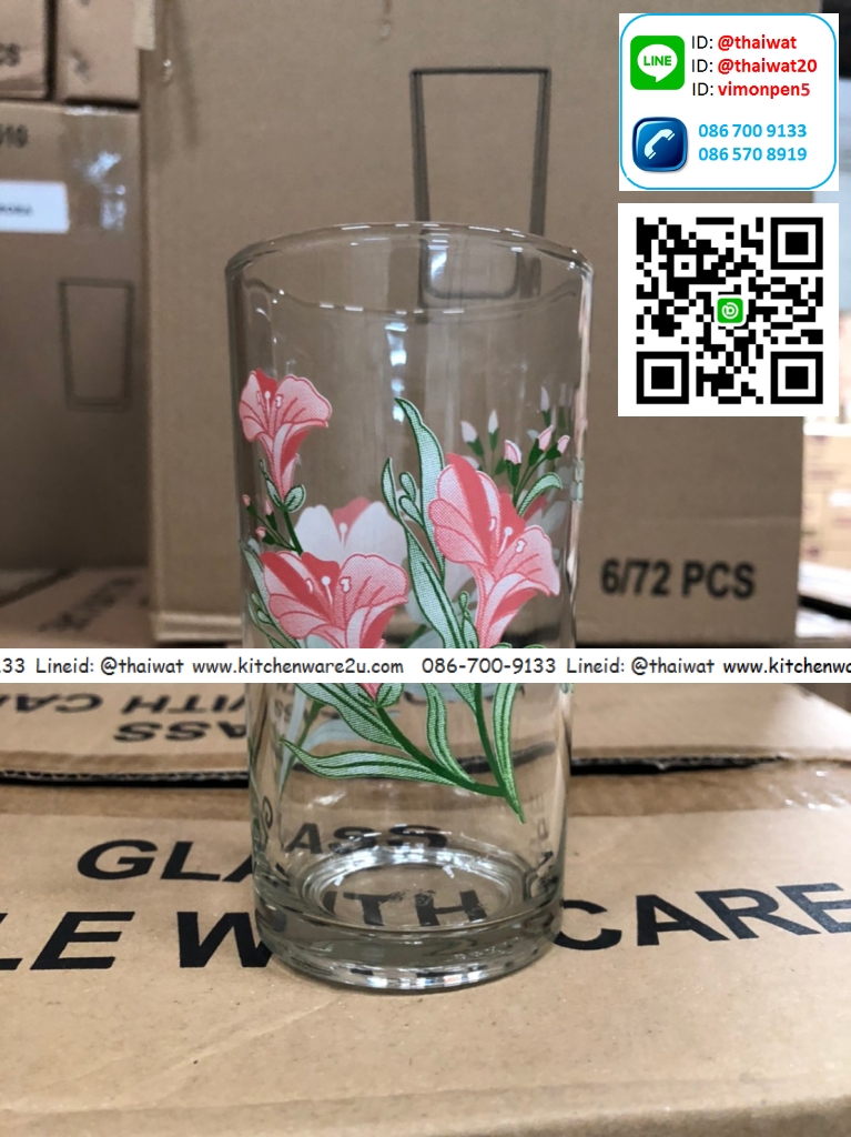 P06788 แก้วใส พิมพ์ลาย (6*6*12 cm) หลากหลายลาย 10 ออนซ์ (ราคาส่งต่อกล่อง: กล่องละ 6 โหล : 72 ใบ)