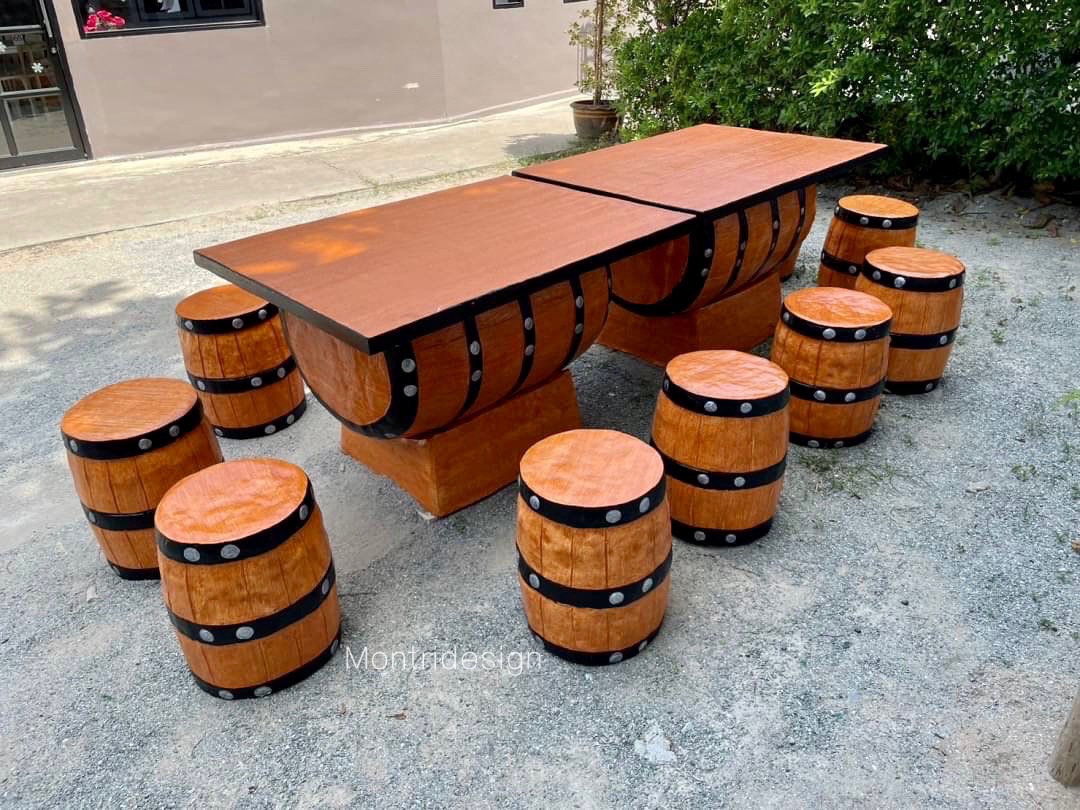 ชุดโต๊ะนามปูนลายไม้ ชุดโต๊ะถัง โต๊ะสนามปูนปั้น 12 ที่นั่ง สีไม้สัก