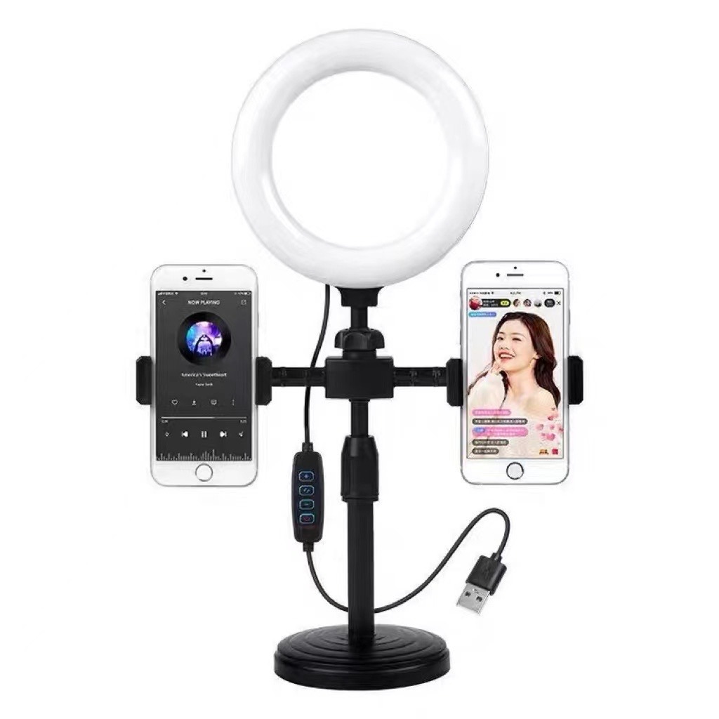 ขาตั้งโทรศัพท์ โคมไฟไลฟ์สด ขาตั้งกล้องมือถือ ขาตั้งไลฟ์สด +หลอดไฟ LED 15cm พร้อมที่จับมือถือ 2ตัว ชุดไลฟ์สด