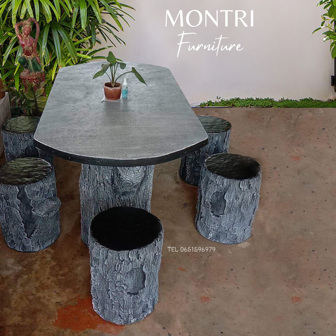 ชุดปูนลายไม้ ชุด 6 ที่นั่ง โต๊ะสนามปูนปั้น โต๊ะสนามปุนปั้นลายไม้ รุ่น SDS สีเทาควันบุหรี่