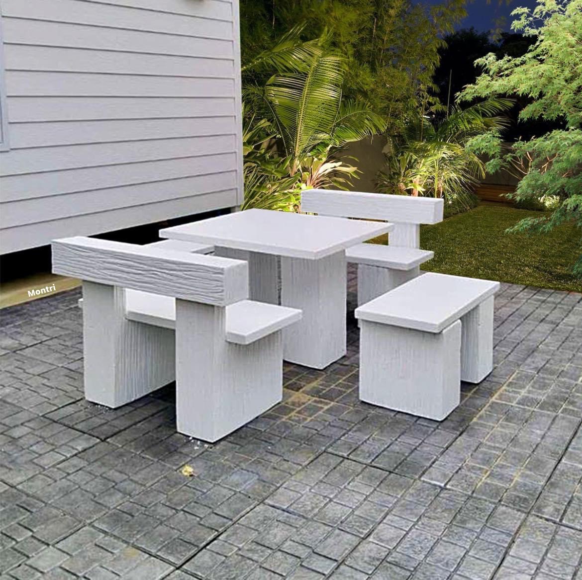 ชุดโต๊ะมินิมอลสีขาว ที่นั่งมีพนักพิงนั่งสบาย วัสดุเป็นคอนกรีตแผ่นเสริมเหล็ก ขนาดความยาว 120 cm. นั่งได้ 6 ท่าน