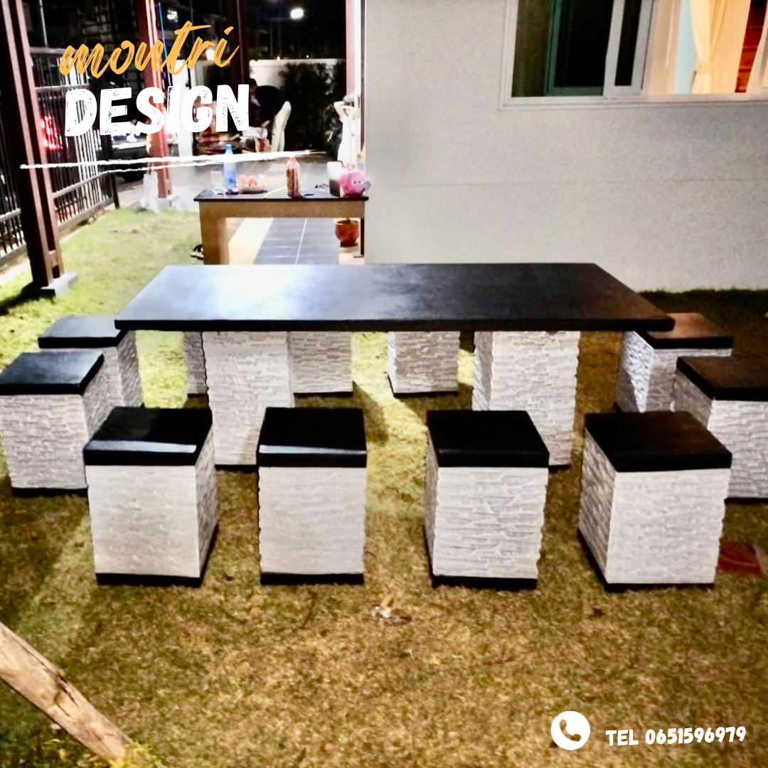 โต๊ะสนามปูนปั้น โต๊ะปูนโมเดิร์น โต๊ะสนามปูน เฟอร์นิเจอร์สนาม ชุด 12 ที่นั่ง สีดำขาขาว