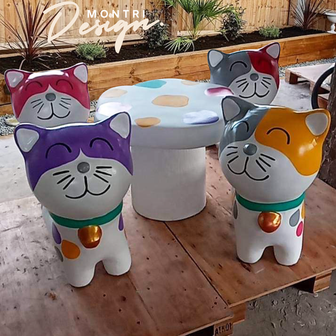 ชุดโต๊ะปูนรูปน้องแมว สุดน่ารัก โต๊ะเก้าอี้รูปน้องแมว โต๊ะเก้าอี้ปูนปั้นรูปน้องแมว ม้านั่งสนามในสวน