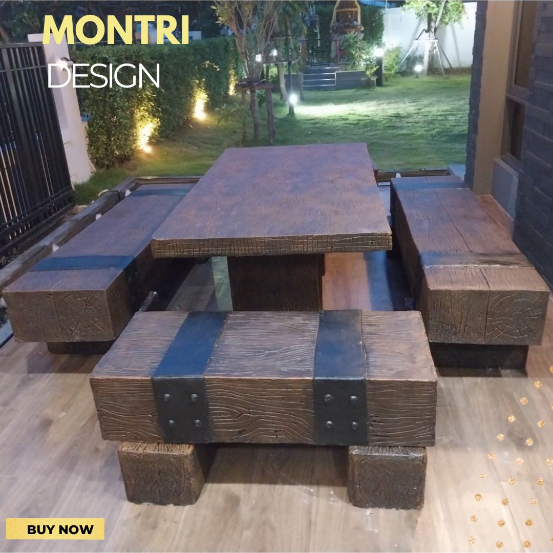 ชุดโต๊ะปูนลายไม้ โต๊ะปูนไม้หมอน โต๊ะไม้หมอน ชุดโต๊ะไม้หมอนรถไฟ ขนาด 180*90 cm.