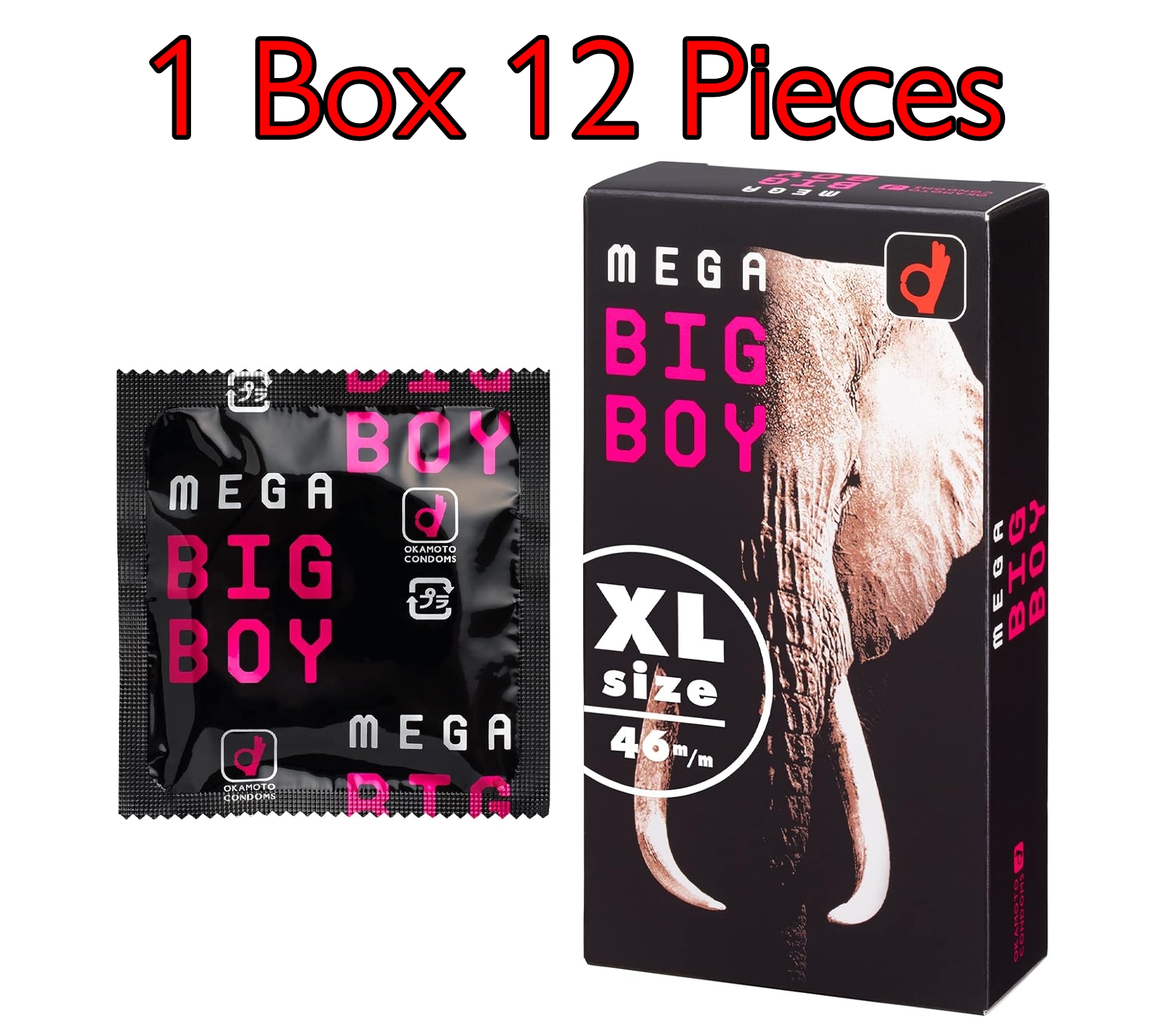 ถุงยางไซส์ใหญ่ Mega Big Boy Okamoto Condom (57+-2mm) 1 กล่อง 12 ชิ้น 1 box 12 pieces