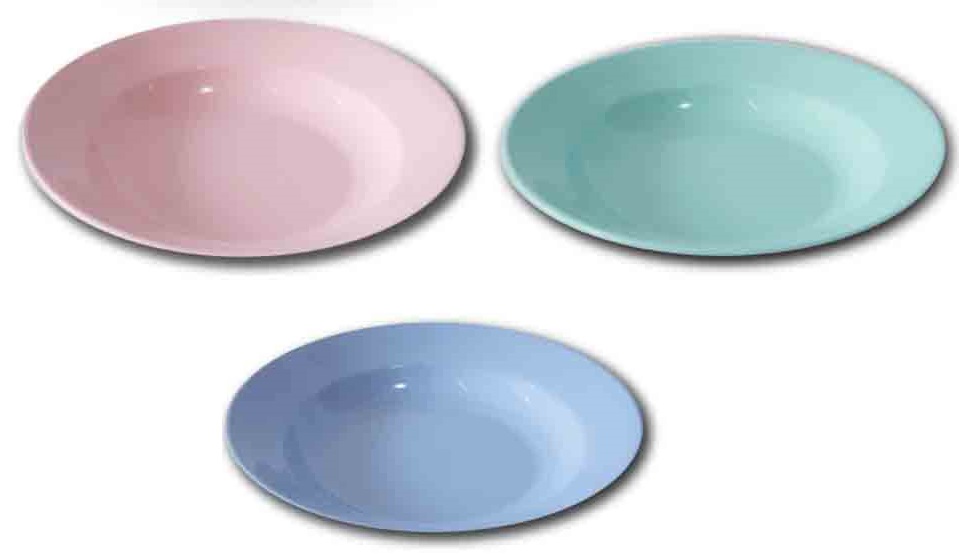 P03717 จานกลม 9 นิ้ว ทรงลึก สีพื้น ใส่อาหารได้ ABS ราคาส่งต่อ 12 โหล : 144 ใบ:เฉลี่ย 180 บต่อโหล