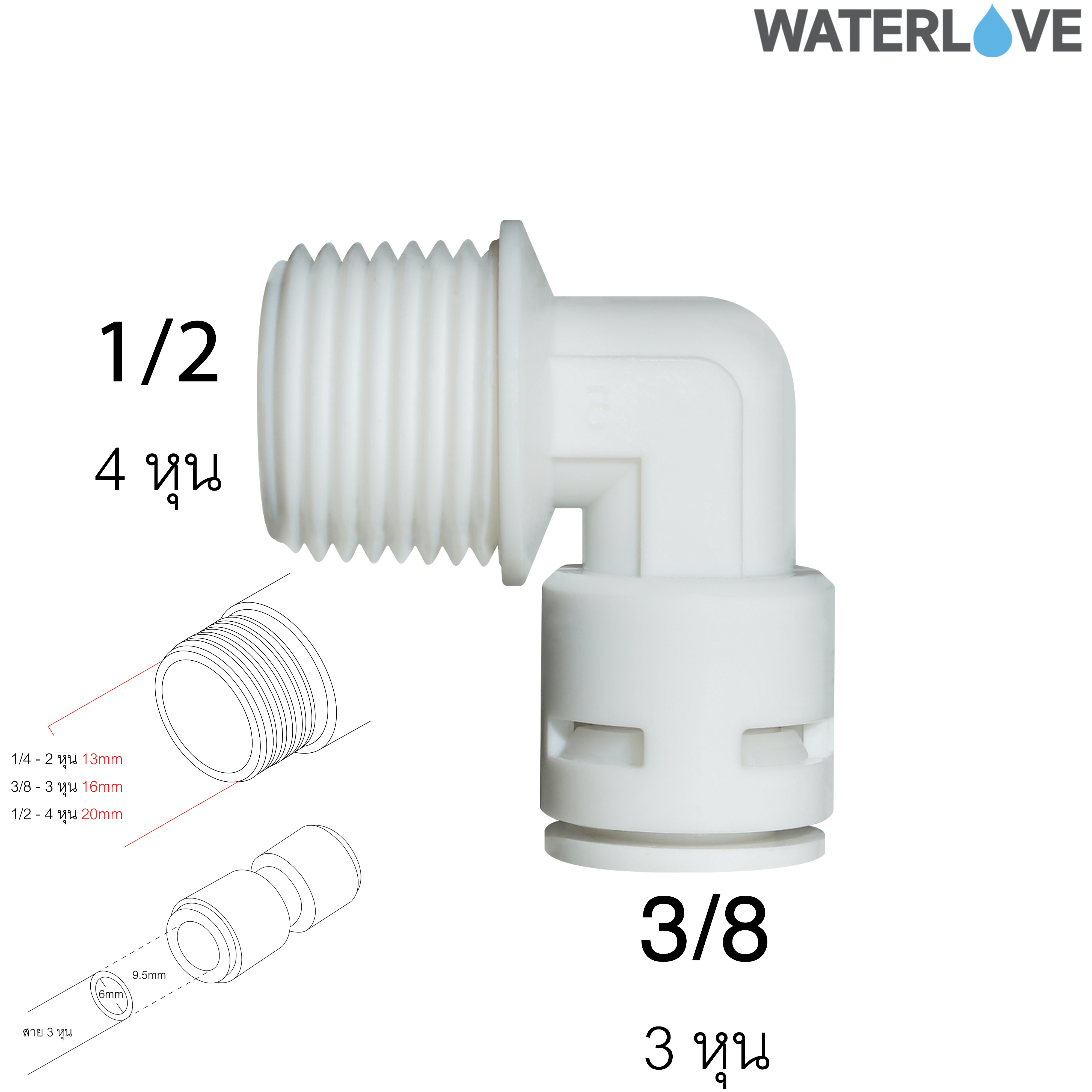ข้อต่อฉาก เกลียวนอก สวมเร็ว ขนาด 1/2" 3/8" ( 4หุน 3หุน ) สำหรับสายน้ำ PE สายเครื่องกรองน้ำ