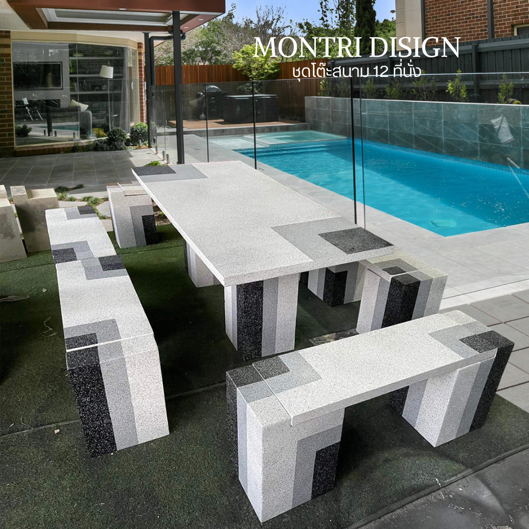 ชุดโต๊ะสนาม โต๊ะสนาม โต๊ะสนามกลางแจ้ง ชุด 12 ที่นั่ง ลายหินอ่อน