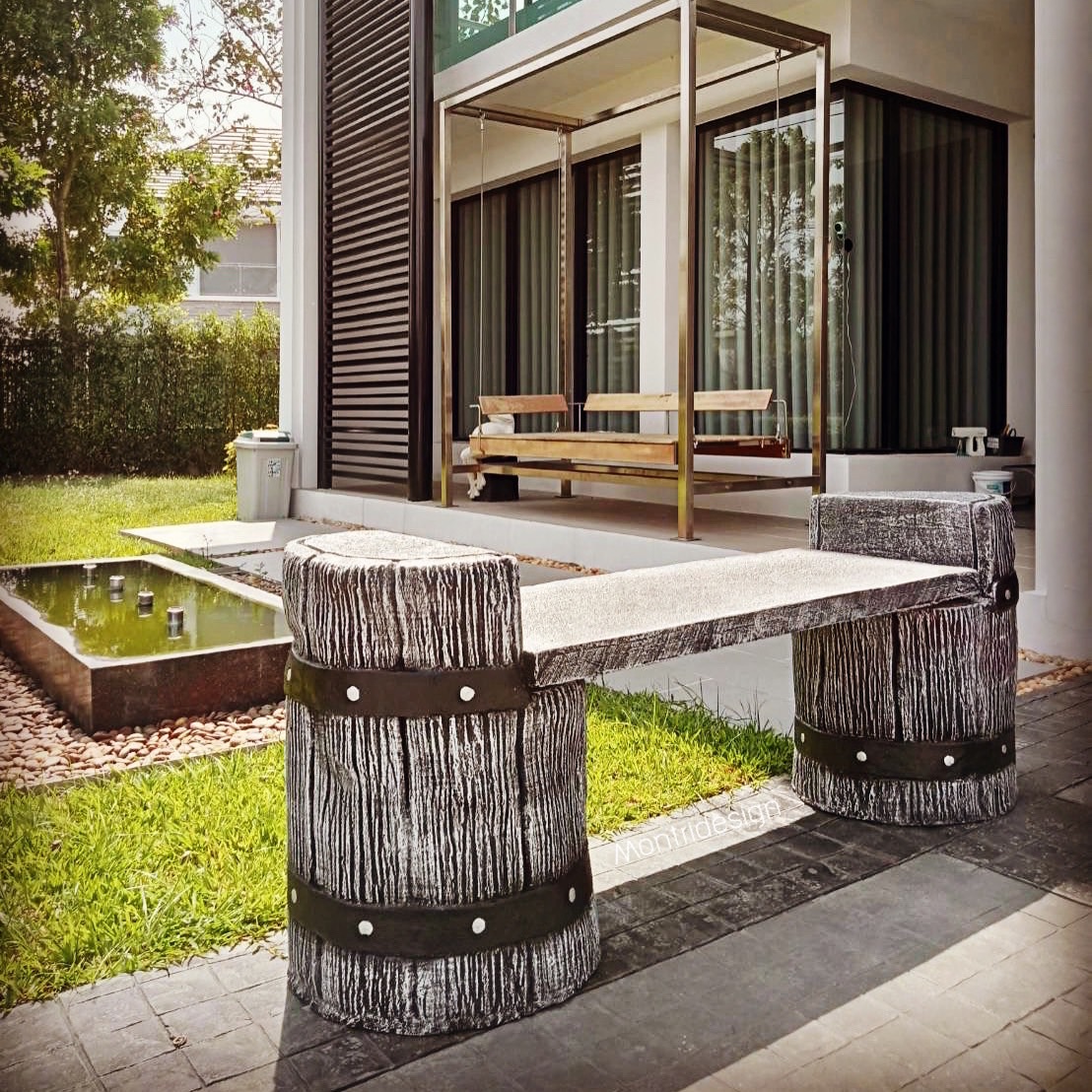 เก้าอี้เปลือกไม้ ม้านั่งเปลือกไม้ ม้านั่งแต่งสวน เก้าอี้แต่งสวน เก้าอี้ปูนลายไม้ ม้านั่งปูนลายไม้ รุ่น thaidesign A01 สีเทา