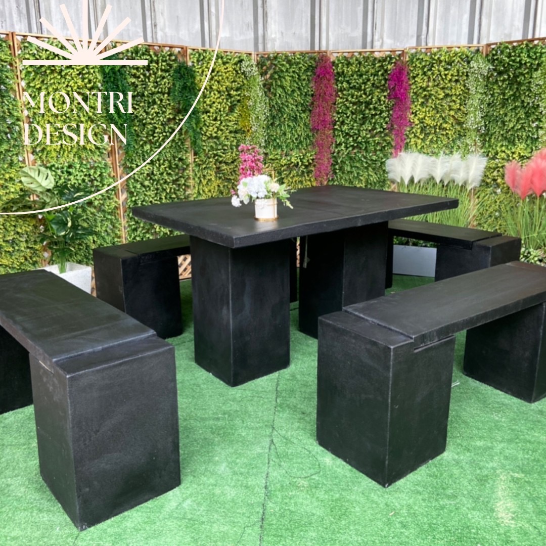 ชุดโต๊ะสนามปูนปั้น โต๊ะปูนสนาม ชุด 8 ที่นั่ง พาดยาว สีดำ