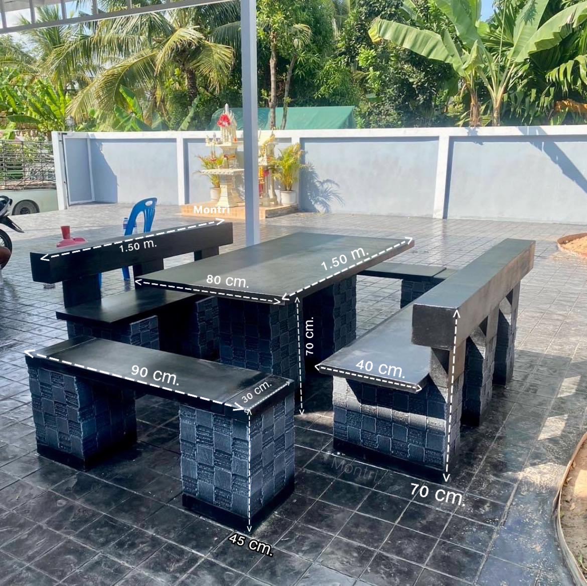 ชุดโต๊ะสนามกลางแจ้ง ยาว 150 cm. ทนแดด ทนฝน วัสดุปูนซีเมนต์แผ่นเสริมเหล็ก