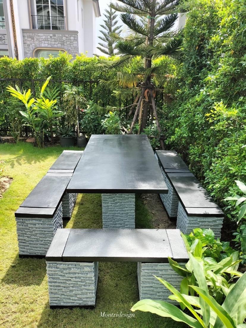 ชุดโต๊ะสนาม โต๊ะปูนสนาม โต๊ะโมเดิร์น โต๊ะปูนสนามโมเดิร์น ชุด 12 ที่นั่ง รุ่น LYO98 เก้าอี้พาดยาว ขนาดโต๊ะ 180*80