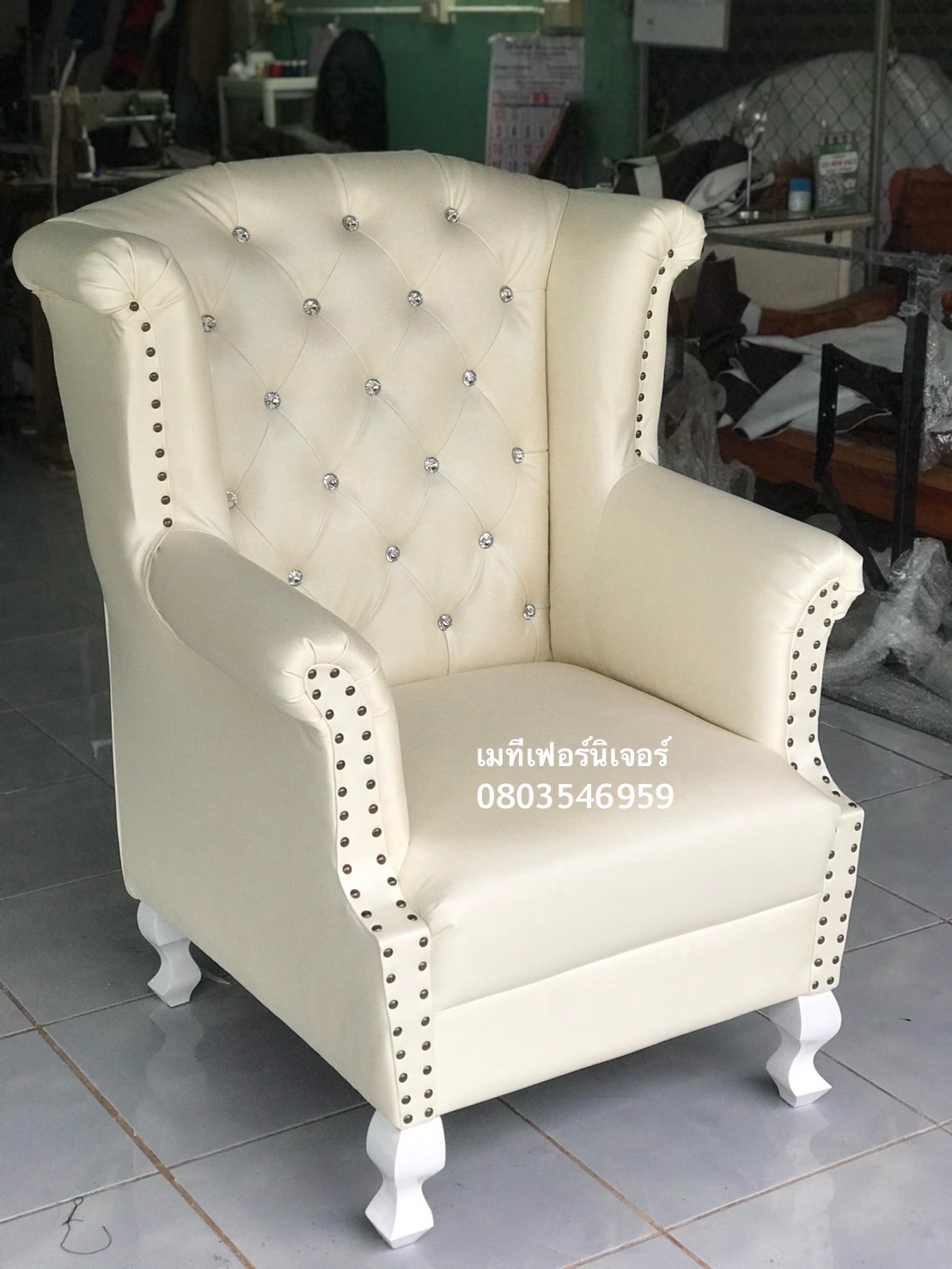 โซฟาเจ้าหญิงสีครีม หนังไหม สุดหรู 1 ที่นั่ง ไซส์มินิ สไตล์วินเทจ (สั้งครั้งละ1ตัว)