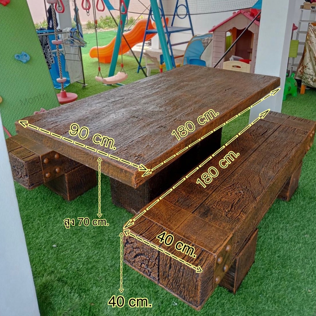 ชุดโต๊ะสนาม ชุดโต๊ะสนามไม้หมอน โต๊ะสนาม โต๊ะปูนลายไม้ แข็งแรงไม่เปราะบางอย่างแน่นอน ฝีมือคนไทย ขนาด 180*90 cm.