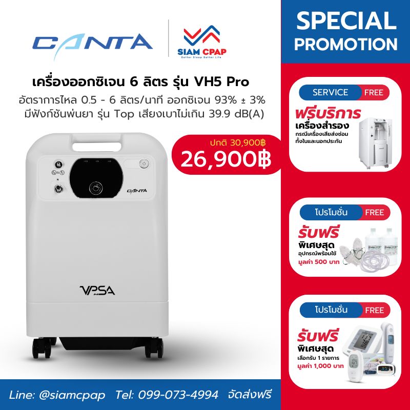 [👍รุ่นใหม่ล่าสุดเสียงเบา] เครื่องผลิตออกซิเจน 6 ลิตร Canta รุ่น VH5 Pro เสียงเงียบ <39.9dB(A) มี % ออกซิเจนแสดงผล ประกันศูนย์ไทย 3 ปี