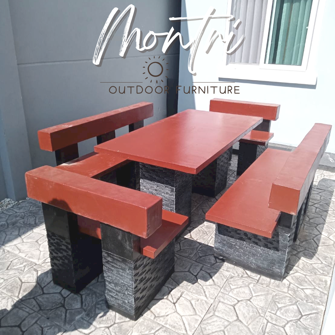 โต๊ะโมเดิร์นพนักพิง โต๊ะสนามปูนปั้น โต๊ะสนามโมเดิร์น มีเก้าอี้พนักพิงทั้ง 4 ด้าน ขนาด 150*80 cm. รุ่น 9AM สีแดงเลือดนก