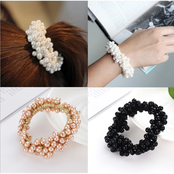 ยางรัดผม พันด้วยสายมุก รอบวง งานสวย วงมุกหนา **พร้อมส่ง**