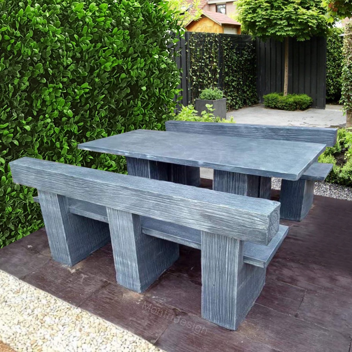 ชุดโต๊ะปูนลายไม้แบบพนักพิง ชุดโต๊ะสนาม รุ่น Montri2022 SK สีเทา โต๊ะปูนสนาม เก้าอี้พนักพิง