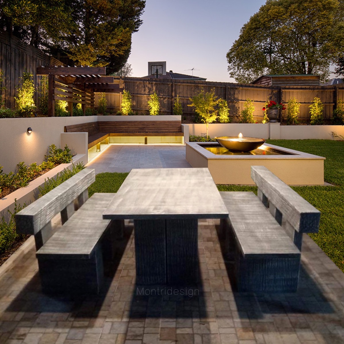 ชุดโต๊ะปูนลายไม้แบบพนักพิง ชุดโต๊ะสนาม รุ่น Montri2022 SK สีเทา โต๊ะปูนสนาม เก้าอี้พนักพิง