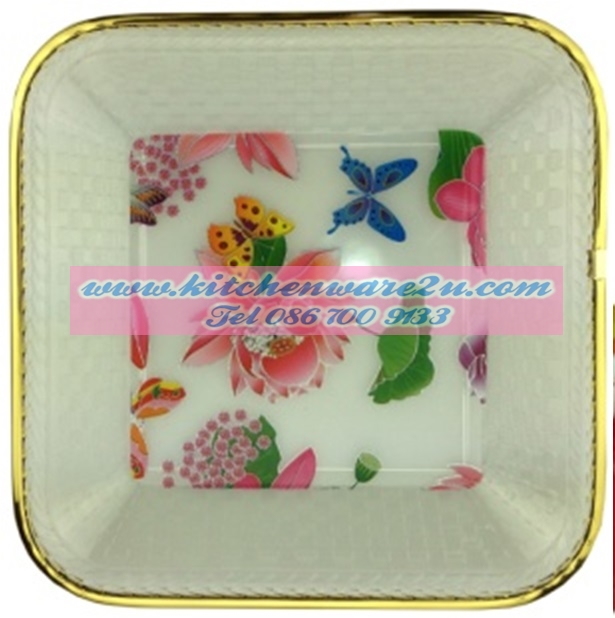 P06371 ถาดเหลี่ยมเนื้อใส ขอบทอง (24*24 cm) HY627-7 ราคาส่งต่อ 1 โหล : 12 ใบ