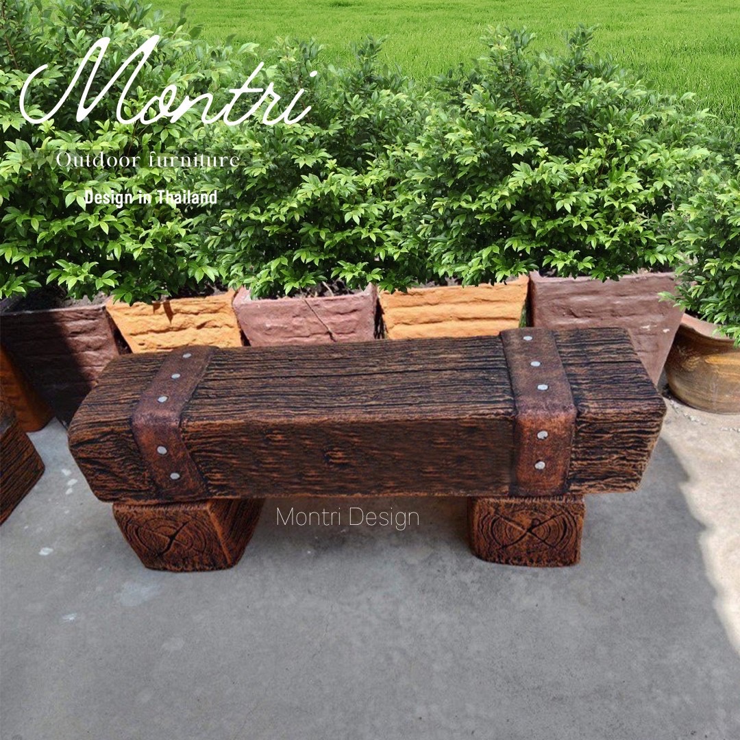 เก้าอี้ไม้หมอน เก้าอี้ปูนลายไม้ ขนาด 30*120*40 cm. สีน้ำตาลคาดทองแดง