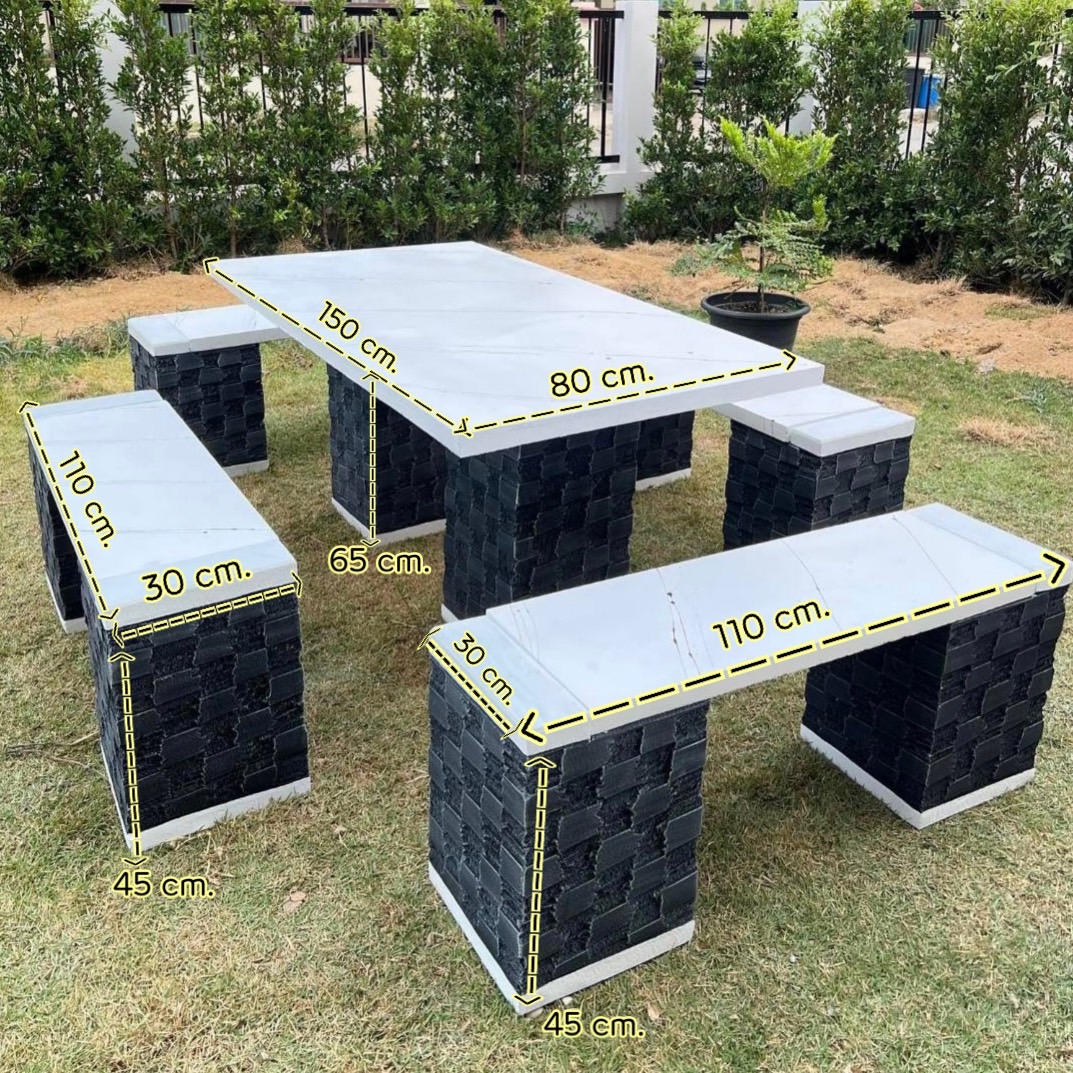 โต๊ะสนามกลางแจ้ง ชุดโต๊ะสนาม โต๊ะสนาม ชุด 8 ที่นั่ง แผ่นสีขาวสลัดดำเสริมเหล็ก ขนาด 150*80 cm